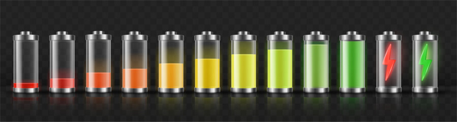 Battery level mockup set. Vector realistic storage stages of charge from empty to full with glowing lightning energy icons. Mobile technology, app interface and power design projects