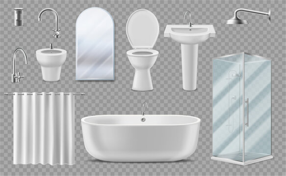 Bathroom elements set. Vector isolated bathtub and toilet, bidet and washbasin, faucet and shower, curtain and mirror. Interior design mockups and restroom realistic product illustrations