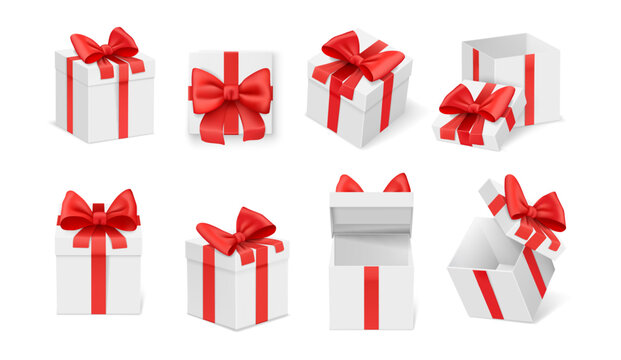 Giftboxes with decorative ribbon bows and opened and closed lids. Vector isolated realistic present boxes mockups, surprise for holiday or special occasion, birthday or christmas celebration
