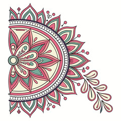Vector art of half mandala corner design floral ornament with petals, leaves, and decorative elements handdrawn vector illustration in pink and teal colors