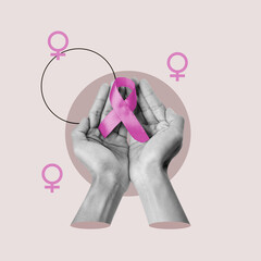 Human hand showing a pink ribbon on a colored background. Collage art of Breast Cancer Awareness