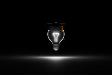 A glowing light bulb wearing a graduation cap represents success, education, and learning.