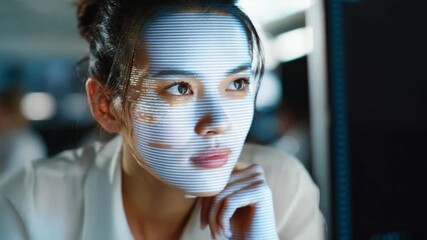 Tech-Enhanced Contemplation: A woman, absorbed in thought, has a technological interface overlaying her face, subtly merging the human element with digital insight. Reflective and contemporary. - Powered by Adobe