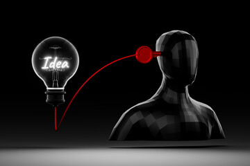 A glowing light bulb with "idea" at its center, connected by lines to a key and a human model, represents unlocking thoughts, imagination, and learning.