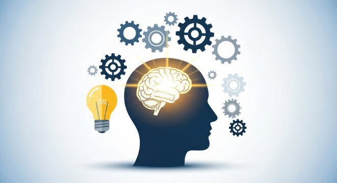 A stylized silhouette of a human head with a glowing brain and interconnected gears, symbolizing thought processes and innovation, alongside a bright idea lightbulb. - Powered by Adobe