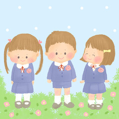 卒園 入学 制服で笑顔の子供たちのイラスト