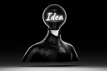A human model representing a businessman with a light bulb replacing the head symbolizes ideas, innovation, success, and leadership.