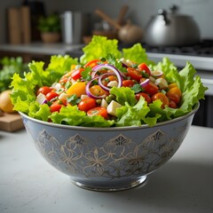 Fresh Colorful Mixed Salad Bowl – Healthy Green Vegetables, Cheese, Cherry Tomatoes, and Gourmet Ingredients in a Clear Glass Dish for Clean Eating and Healthy Lifestyle