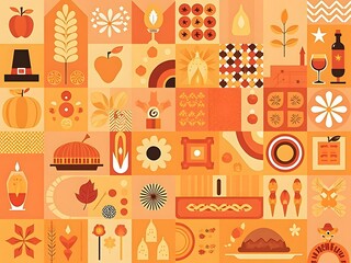 Warm Tones of Autumnal Abundance A Geometric Celebration of Thanksgiving Traditions and Harvest Delights in an Orange Palette