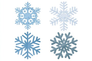Four stylized snowflakes in shades of blue, set against a white background. 
