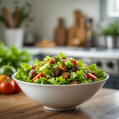 Fresh Colorful Mixed Salad Bowl – Healthy Green Vegetables, Cheese, Cherry Tomatoes, and Gourmet Ingredients in a Clear Glass Dish for Clean Eating and Healthy Lifestyle
