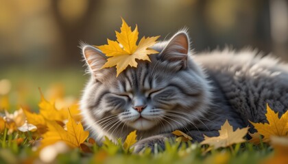 Serene Gray Cat Amidst Autumn Leaves