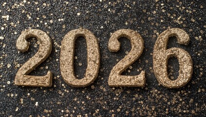 2026 in Golden Glitter on Black Background for New Year Celebration and Festive Themes