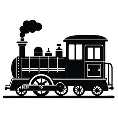 Black silhouette of a simple vintage steam train with smoke on a white background locomotive engine