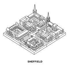 sheffield cityscape illustration line drawing of city architecture showcasing urban planning and historic buildings in a minimalist architectural style.