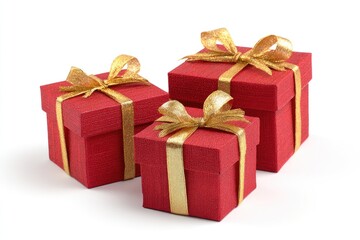 Obraz premium Three small red gift boxes, each adorned with gold ribbons and bows, sit in a row against a white background