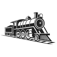Black silhouette of a vintage steam locomotive with a coal tender on railway tracks steam engine