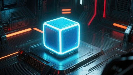 Obraz premium Futuristic sci-fi scene of a glowing neon-blue cube-like device placed on a metallic platform
