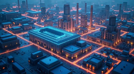 Isometric digital illustration of a smart industrial city at night the scene