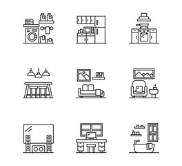 Set of Home And Living icon, Kitchen and dining room, study room and living room thin line and pixel Symbol Outline icon Editable Stroke