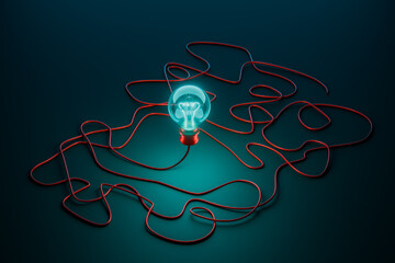 A glowing light bulb at the center with complex, tangled wires represents challenging ideas, inspiration, problem-solving, and overcoming obstacles.