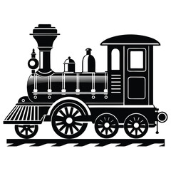 Black silhouette of a vintage steam locomotive with reflective details on a white background steam engine