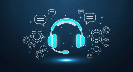 A glowing blue headset with a microphone surrounded by digital gears and chat bubbles, representing customer support.