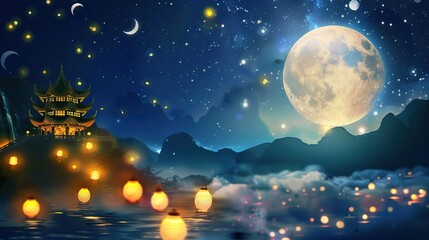 Fototapeta premium Capturing Moonlit Warmth, Family Reunions, and Traditional Charm for Festive Decor Mid-Autumn Festival background pictures are more than just visual elements—they encapsulate the core of the festival
