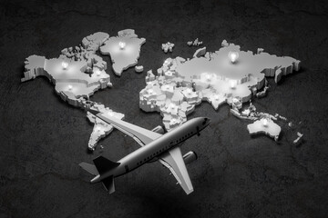 Multiple glowing light bulbs on a world map in each country, with an airplane flying above, represent teamwork, network, communication, planning, leadership, and inspiration.