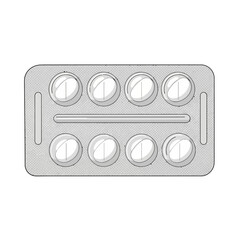Monochrome vector illustration of a blister pack with eight round pills, symbolizing medication, daily health, and pharmaceutical care in a clean, minimalist graphic design