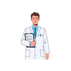 Fototapeta premium Smiling doctor in white coat holding clipboard with medical notes.