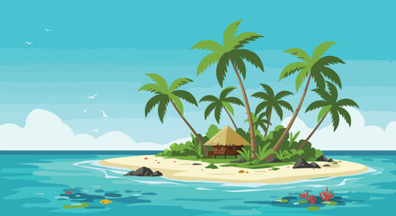 Obraz premium Tropical Island Paradise with Palm Trees, Beach, and Hut Illustration