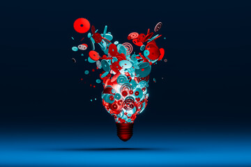 Gears forming a light bulb shape exploding represents an explosion of thoughts, ideas, and inspiration.