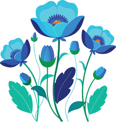 Blue Poppies and Buds with Teal Leaves on Black Background flowers floral