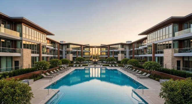Modern Apartment Complex with Turquoise Swimming Pool at Sunset