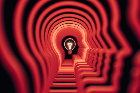 A layered frame of human heads with a light bulb in the center represents thought, brainpower, inspiration, planning, and leadership.