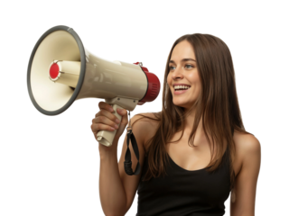Beautiful young woman smiling holding megaphone isolated on transparent background