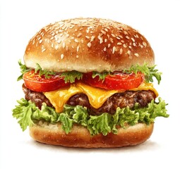 Close-up of a cheeseburger.  A golden-brown sesame seed bun holds a juicy patty, melted cheese, fresh lettuce, and sliced tomatoes.  Image is highly detailed and appetizing