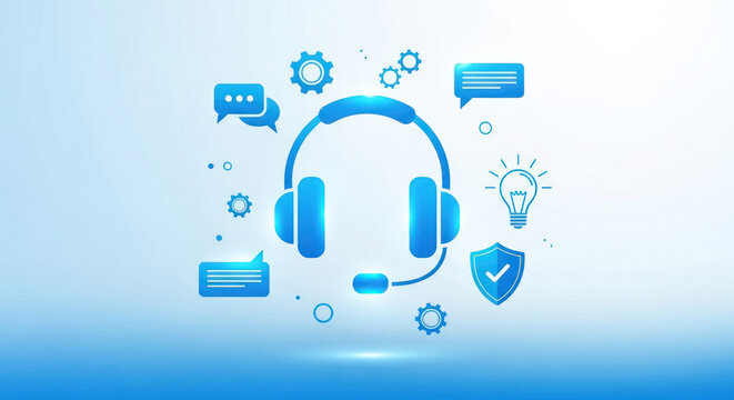Digital illustration of a blue headset surrounded by icons representing communication, support, ideas, and security on a gradient blue background.