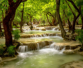 Naklejka premium Scenic waterfall cascading over limestone terraces in tropical forest setting