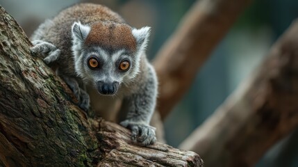 Obraz premium Cautious Brown Lemur Stealthily Crouching Amongst Tree Canopy Ideal for HighEnergy, Adventure Campaigns or NatureFocused Projects, Encourages Curiosity and Exploration.