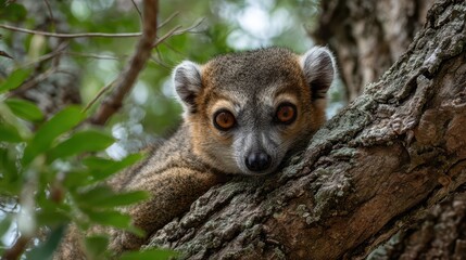 Obraz premium Cautious Lemur Crouching on a Tree Branch Wildlife Portrait for NatureFocused Projects, Boosting Tranquility and Inspiring Awe.