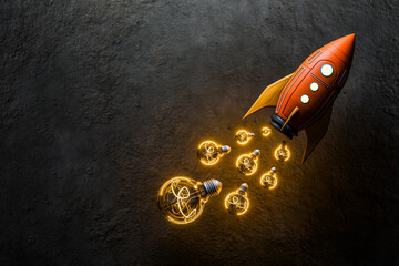 A rocket launching with a light bulb bursting out represents ideas, thoughts, planning, goals, and success.