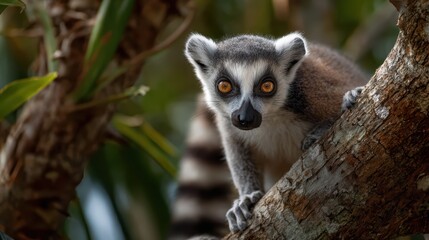 Obraz premium Cautious Lemur Captivatingly Perched on Tree Branch, Ideal for Tranquil Projects and Visual Storytelling.