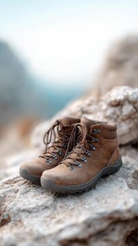 Rugged brown hiking boots resting on rocky surface, showcasing wilderness spirit with blurred mountain landscape in soft focus background, symbolizing outdoor adventure and personal journey