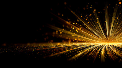 Obraz premium 右奥から流れるゴールドの光線とパーティクルが弧を描く抽象背景