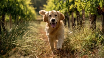 Golden Retriever Joyfully Exploring Vineyard Path, Ideal for Lifestyle Campaigns, Encapsulating Tranquility and Elegance.