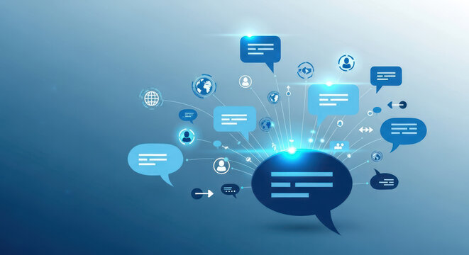 Abstract illustration of interconnected speech bubbles and social media icons on a gradient blue background, representing communication and networking.