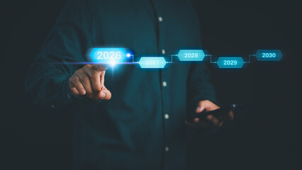 Businessman pointing at digital timeline with glowing years 2026 to 2030, symbolizing business planning, target, future growth strategy, project roadmap, and technology-driven forecasting.