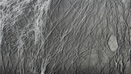 Spooky and creepy cobweb or spider web in the black wall background. The scene is scary and mysterious. Copy Space. Wallpaper or abstract Halloween or zombie background